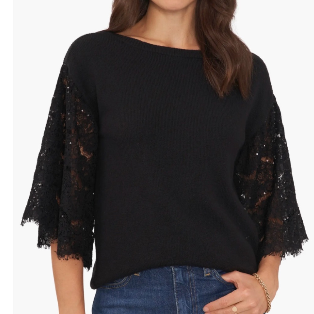 Vince Camuto Sequin Lace Sleeve Mixed Media Sweater - L